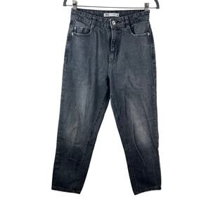 ZARA Black Gray Jeans Cotton Denim High-Rise Dark Wash Straight Leg Zip Fly 36 4